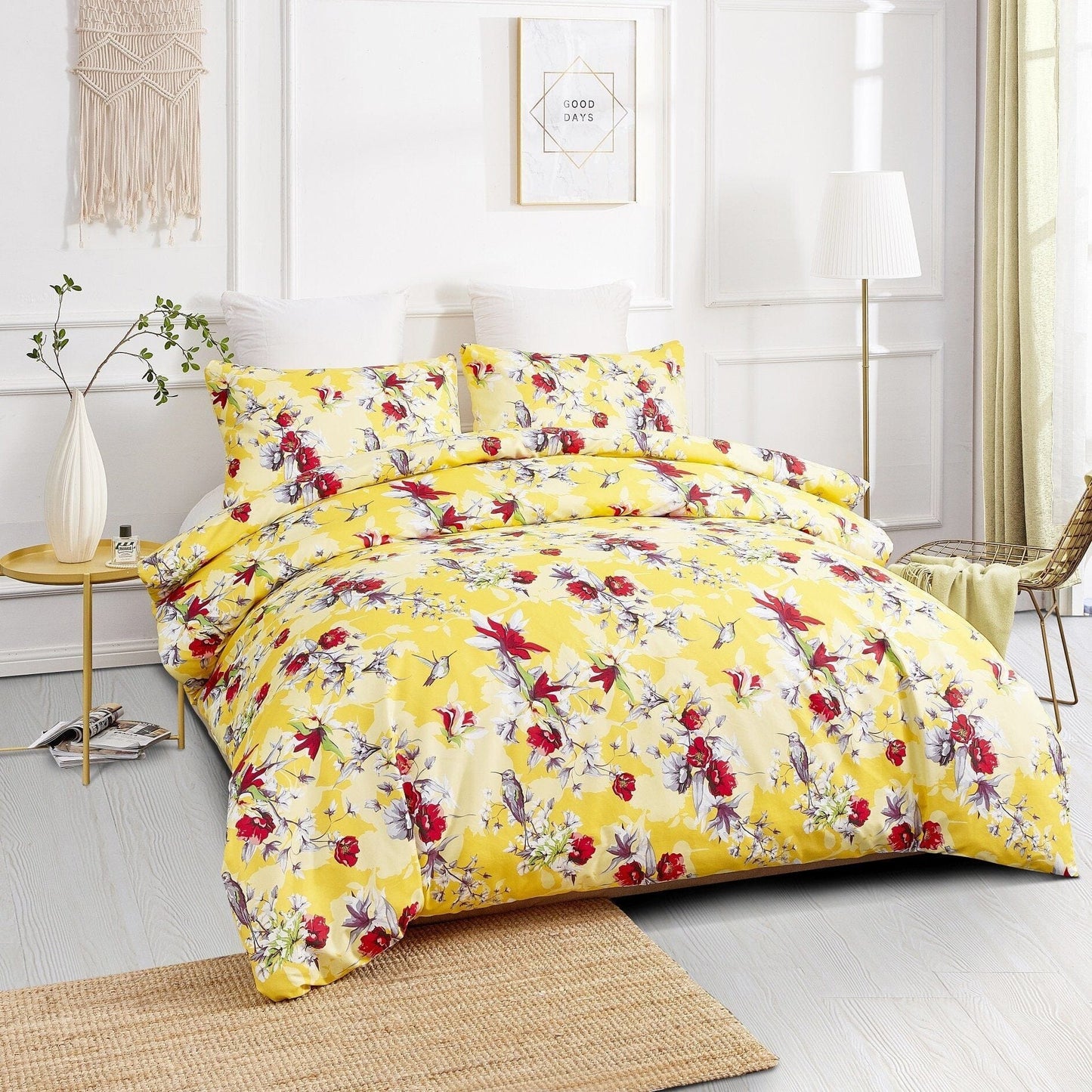 DaDa Bedding Sunshine Yellow Hummingbird Floral Duvet Cover Set