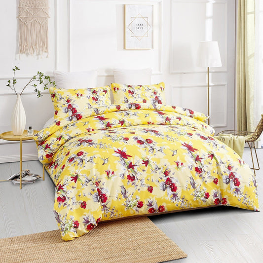 DaDa Bedding Sunshine Yellow Hummingbird Floral Duvet Cover Set