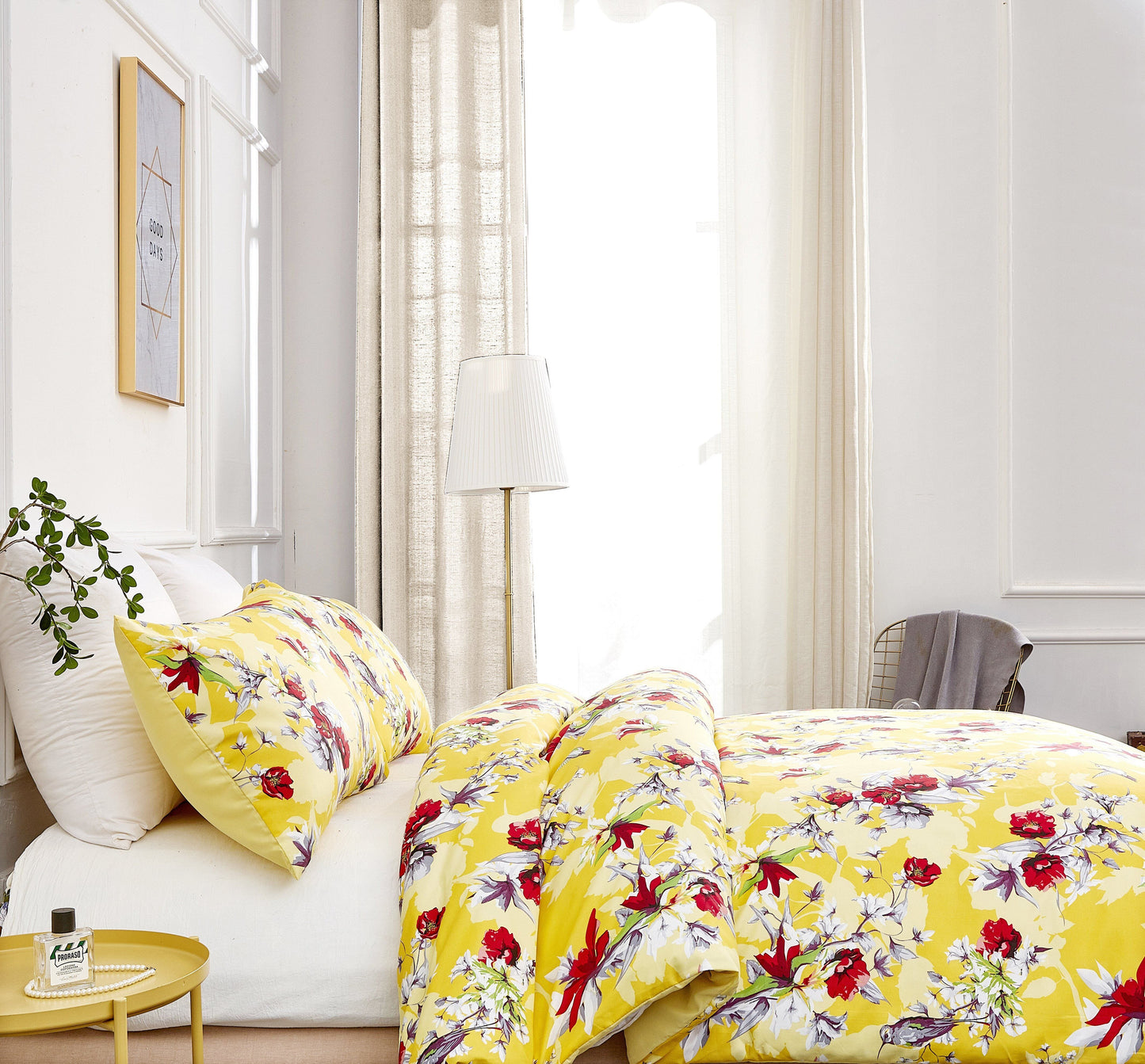 DaDa Bedding Sunshine Yellow Hummingbird Floral Duvet Cover Set