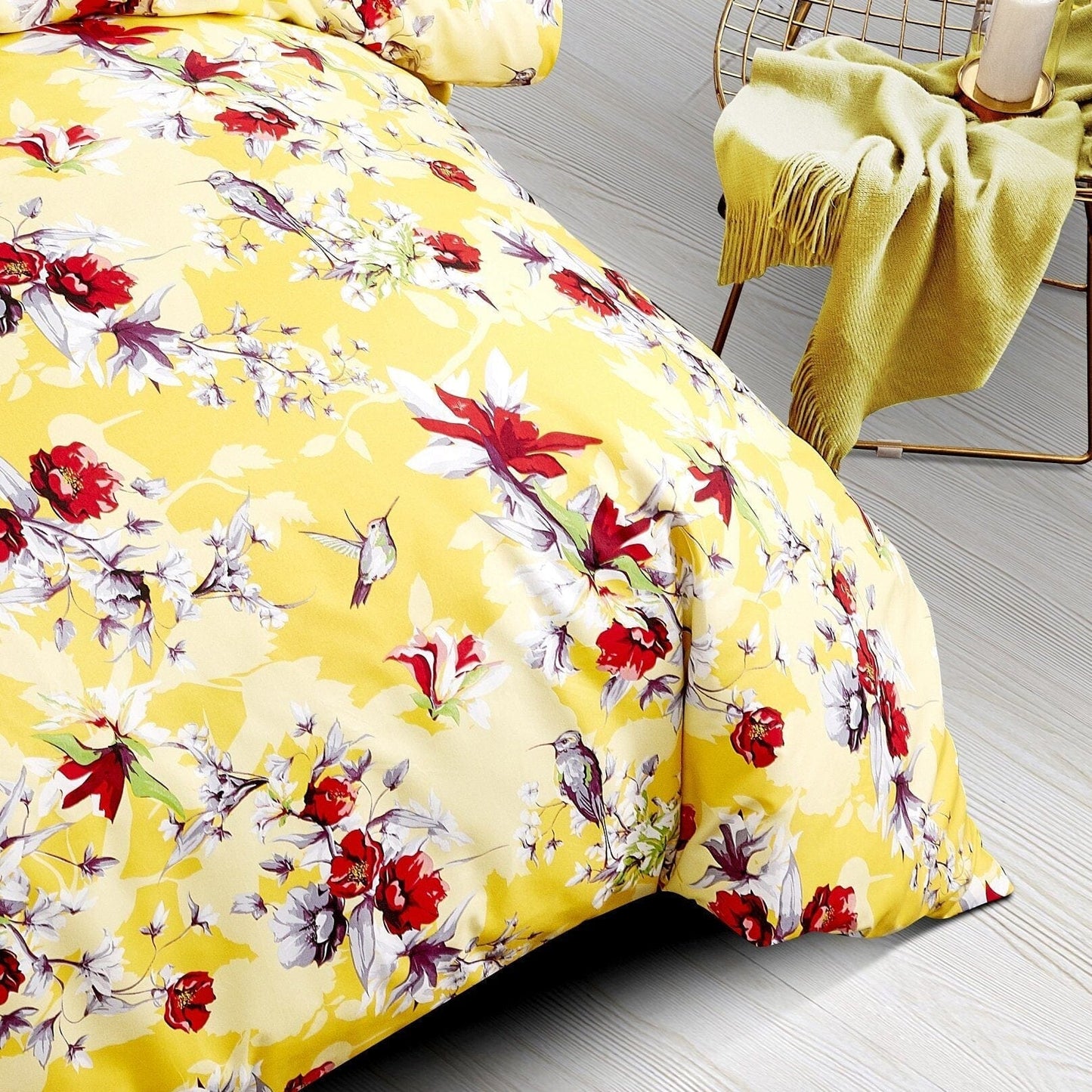 DaDa Bedding Sunshine Yellow Hummingbird Floral Duvet Cover Set