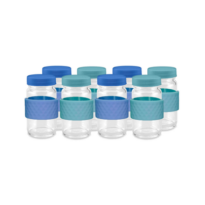 Glass Juice Shot Bottles Set w/ Colored Lids & Grip Bands, 8 Pack Set, 2oz