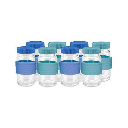 Glass Juice Shot Bottles Set w/ Colored Lids & Grip Bands, 8 Pack Set, 2oz