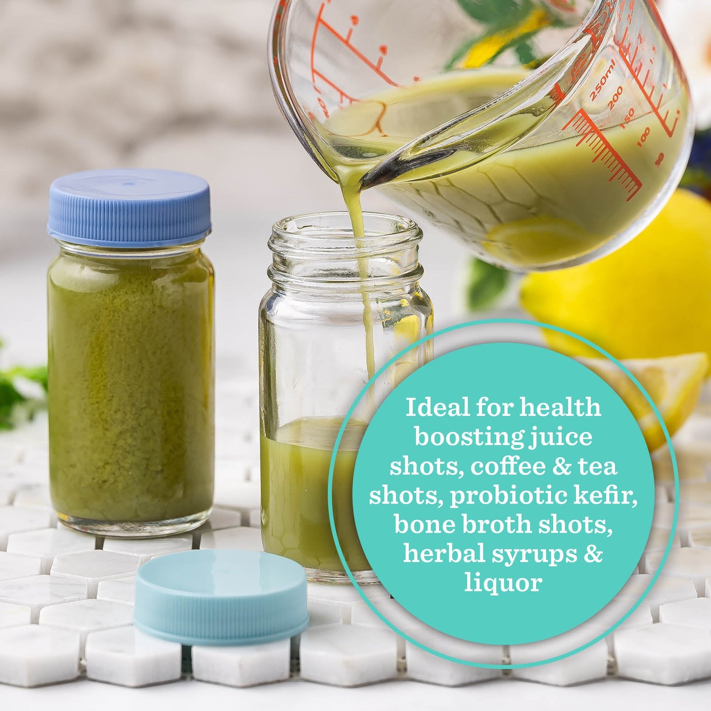 Glass Juice Shot Bottles Set w/ Colored Lids & Grip Bands, 8 Pack Set, 2oz