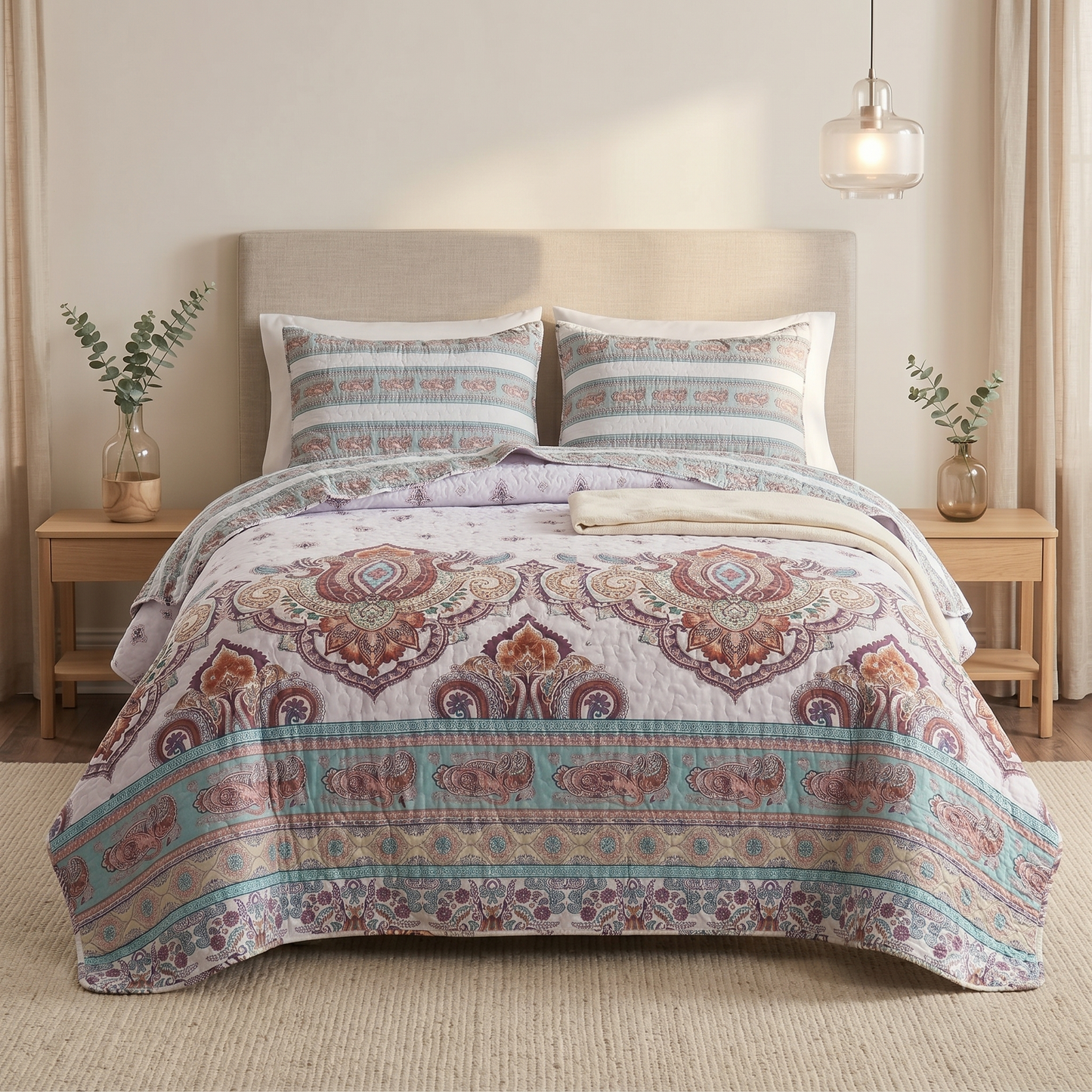 DaDa Bedding White Blue Floral Paisley Quilt Set