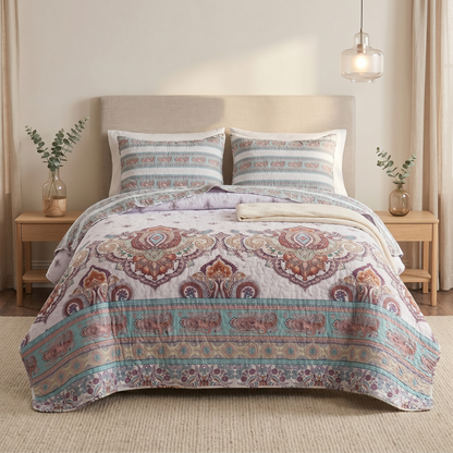 DaDa Bedding White Blue Floral Paisley Quilt Set