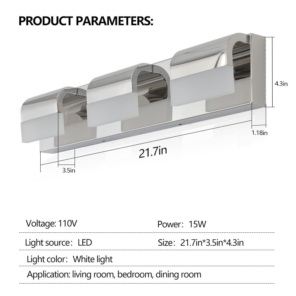 LED Bathroom Vanity Light | 3/4/5/6-Light Chrome Stainless Steel Wall Sconce with Acrylic Shade — Over Mirror, Moisture-Proof
