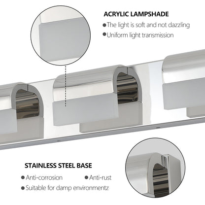 LED Bathroom Vanity Light | 3/4/5/6-Light Chrome Stainless Steel Wall Sconce with Acrylic Shade — Over Mirror, Moisture-Proof