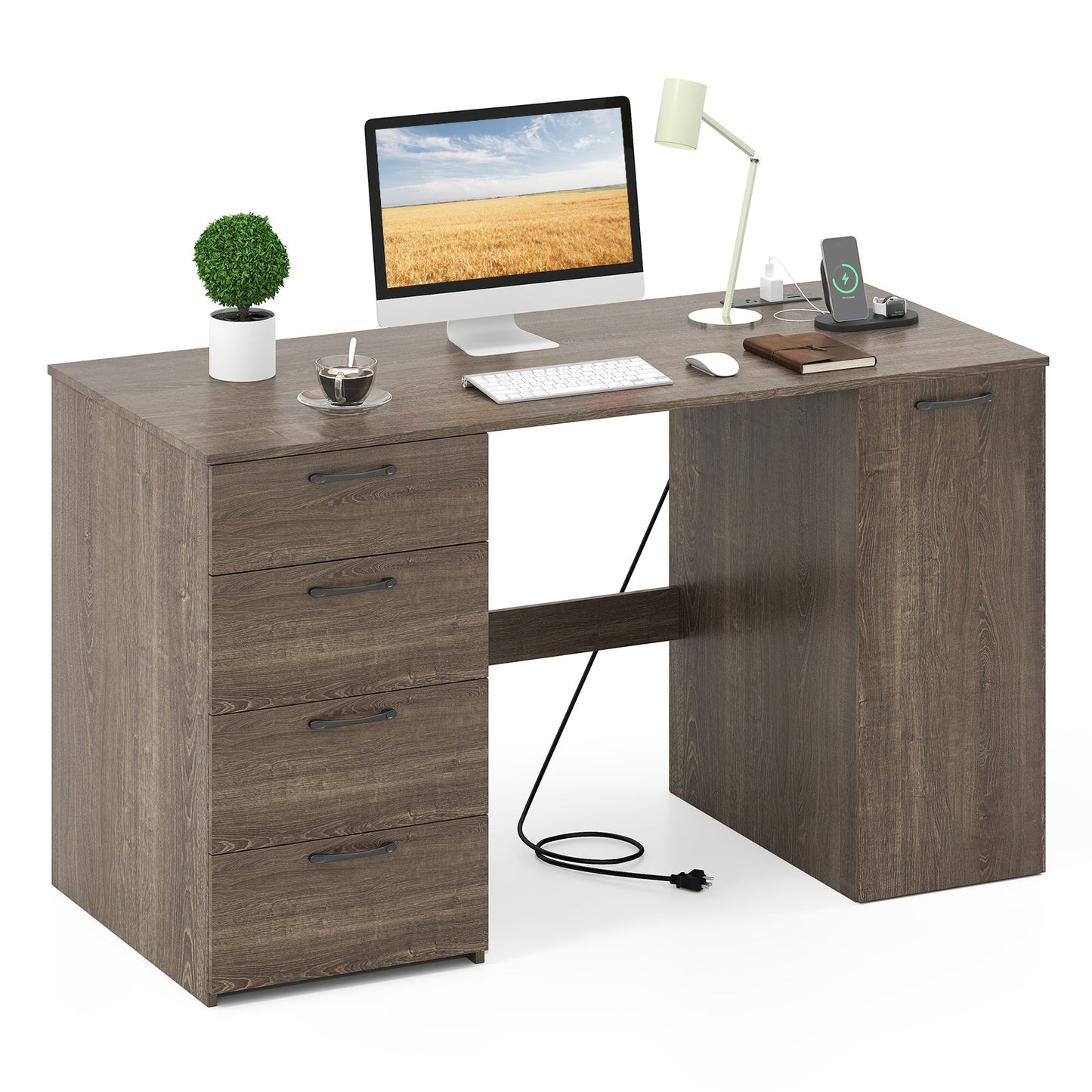 53 Inches Computer Desk with Power Outlets and 4 Storage Drawers