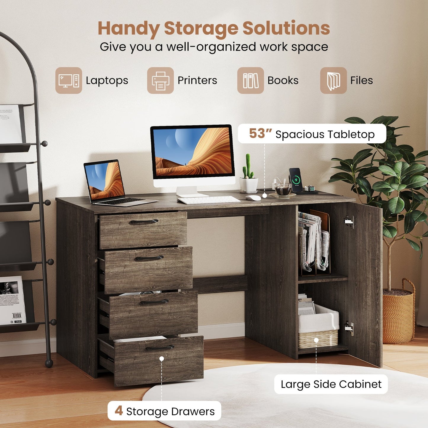 53 Inches Computer Desk with Power Outlets and 4 Storage Drawers