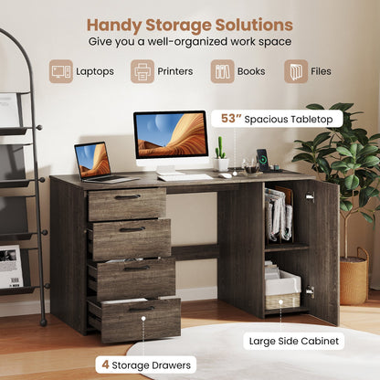 53 Inches Computer Desk with Power Outlets and 4 Storage Drawers