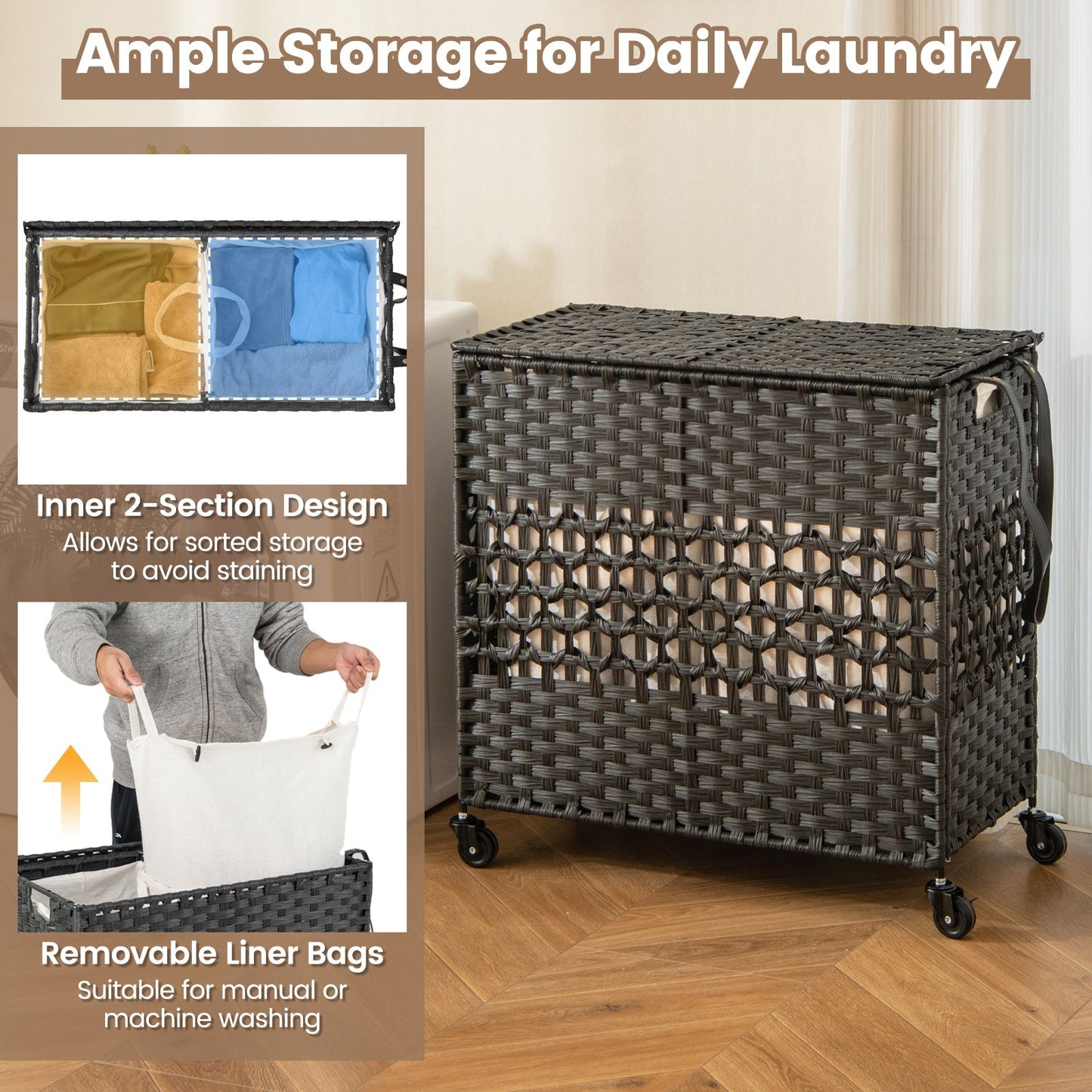2-Section Laundry Hamper with Removable Bags, 110L