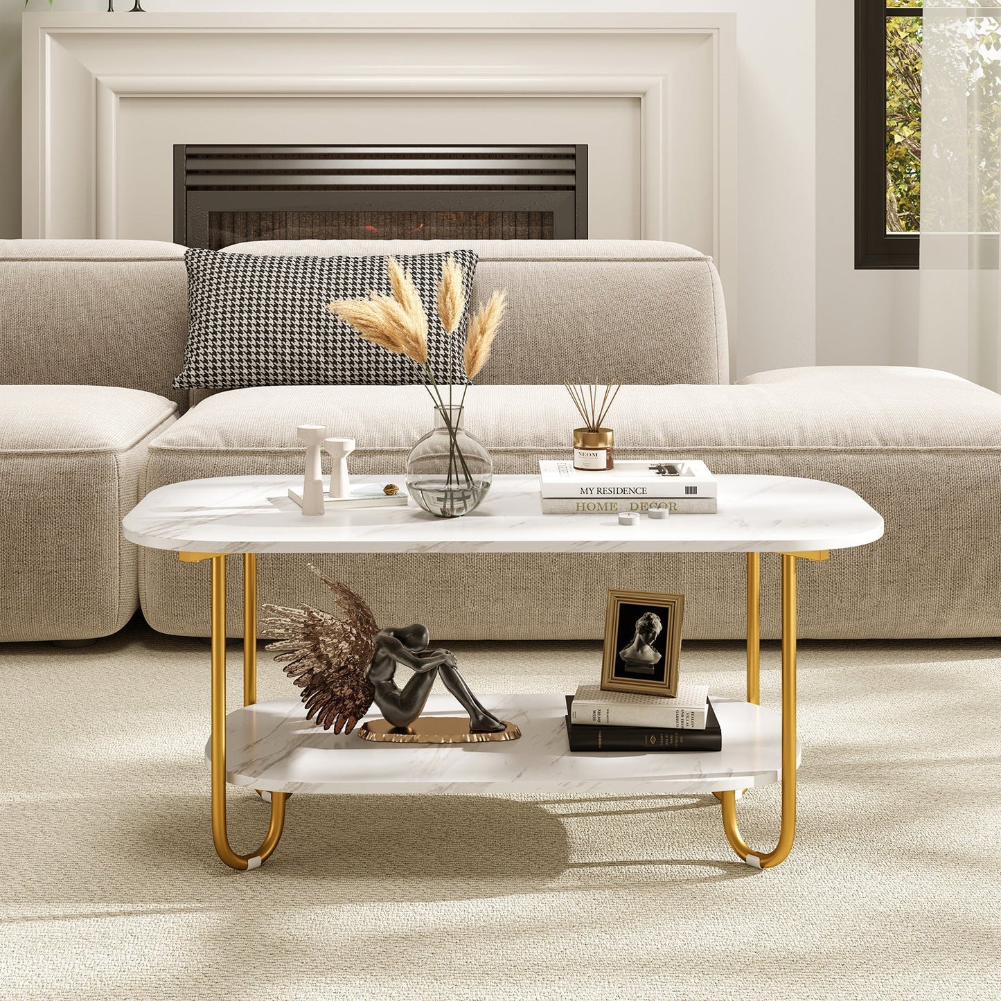 Modern 2-tier Faux Marble Top Coffee Table-White