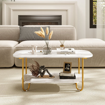 Modern 2-tier Faux Marble Top Coffee Table-White