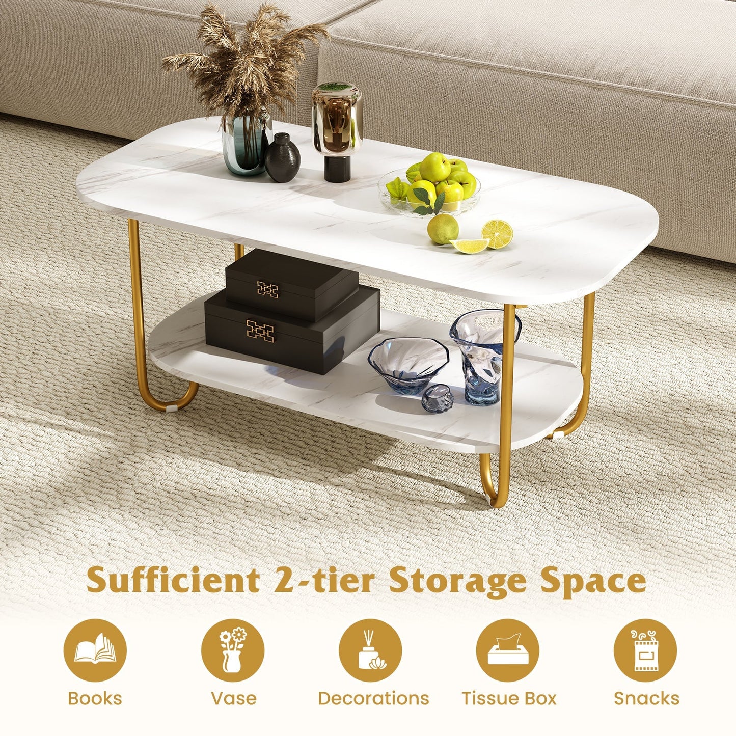 Modern 2-tier Faux Marble Top Coffee Table-White