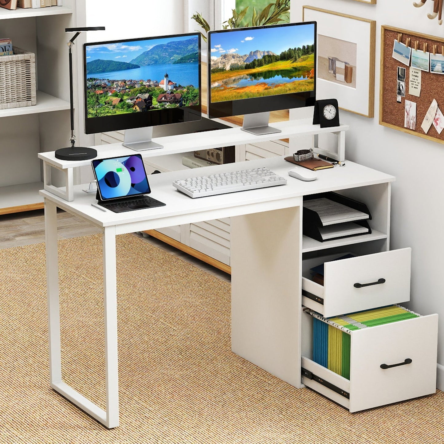 Modern Computer Desk with Power Outlets and File Drawer