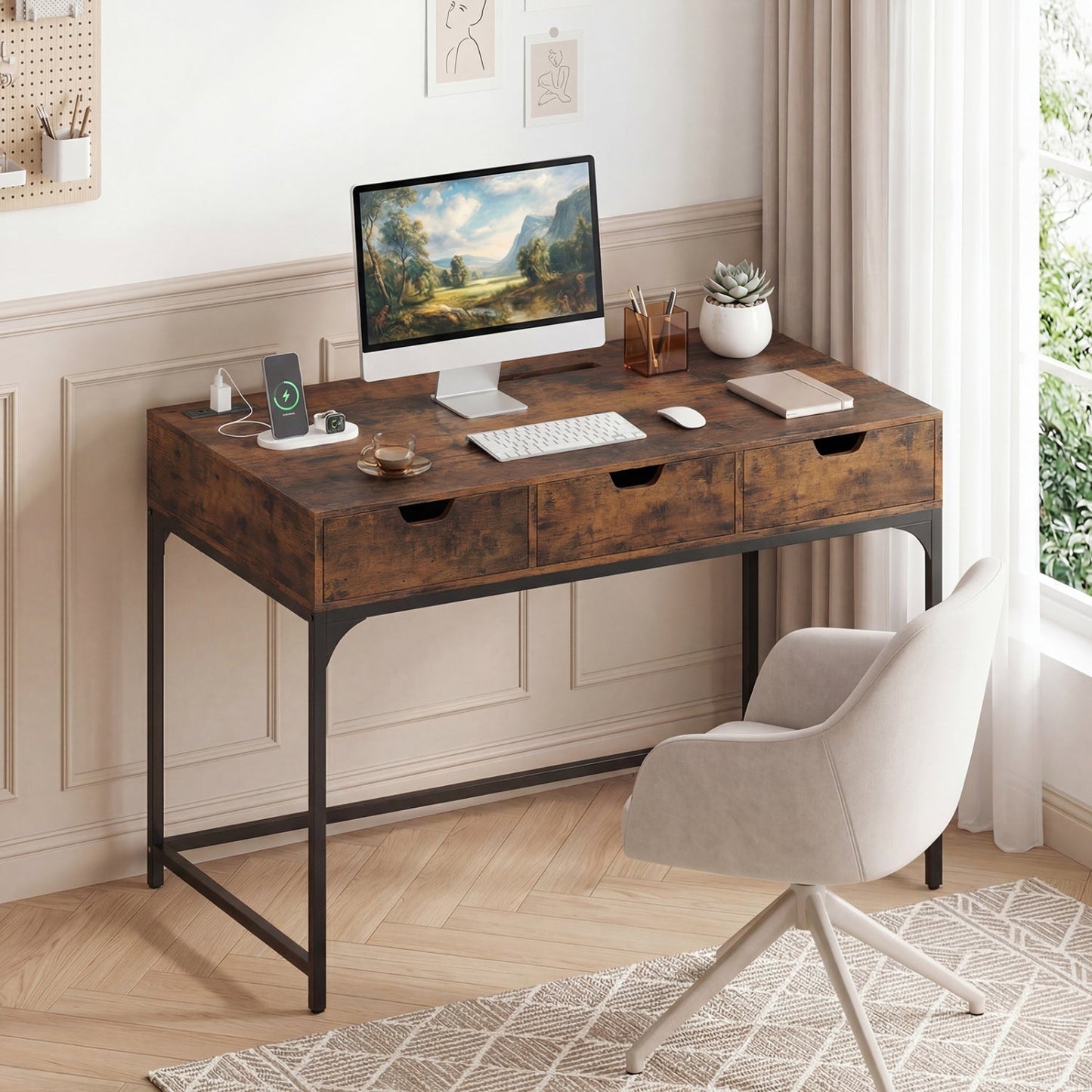 Office Desk with Power Outlets and Hidden Compartment for Study