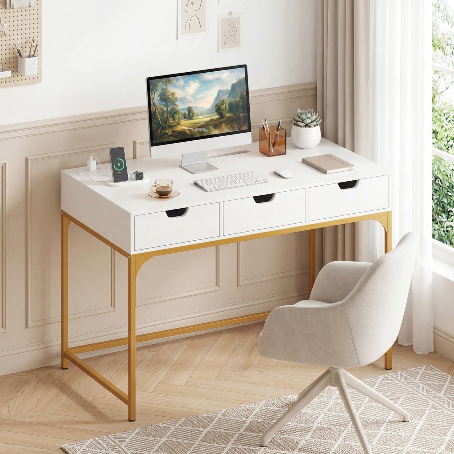 Office Desk with Power Outlets and Hidden Compartment for Study