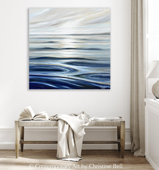"Calm Waters II" GICLEE PRINT Coastal Seascape Painting, Navy Blue, Grey, White