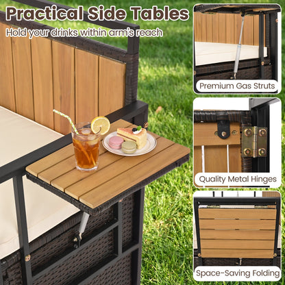 Outdoor Storage Bench with 2 Side Tables and Cushioned Seat