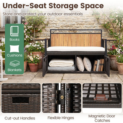 Outdoor Storage Bench with 2 Side Tables and Cushioned Seat
