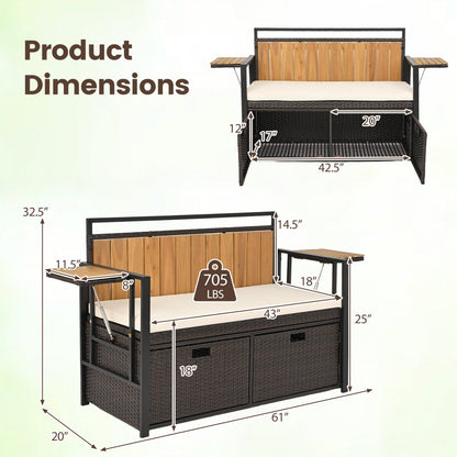 Outdoor Storage Bench with 2 Side Tables and Cushioned Seat