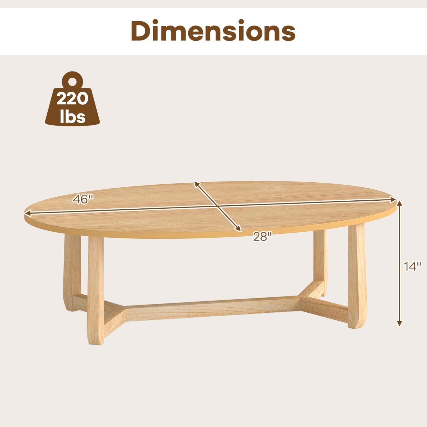Oval Coffee Table 46 Inches Wooden Accent Table with Thickened Top
