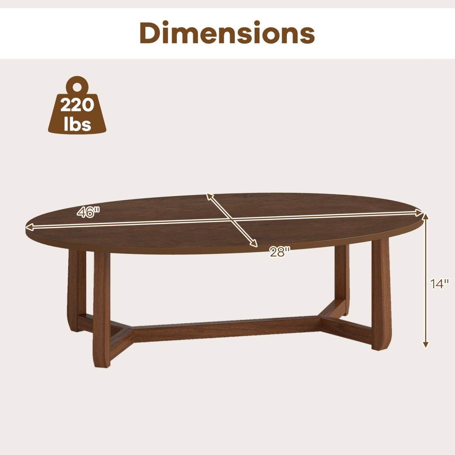 Oval Coffee Table 46 Inches Wooden Accent Table with Thickened Top