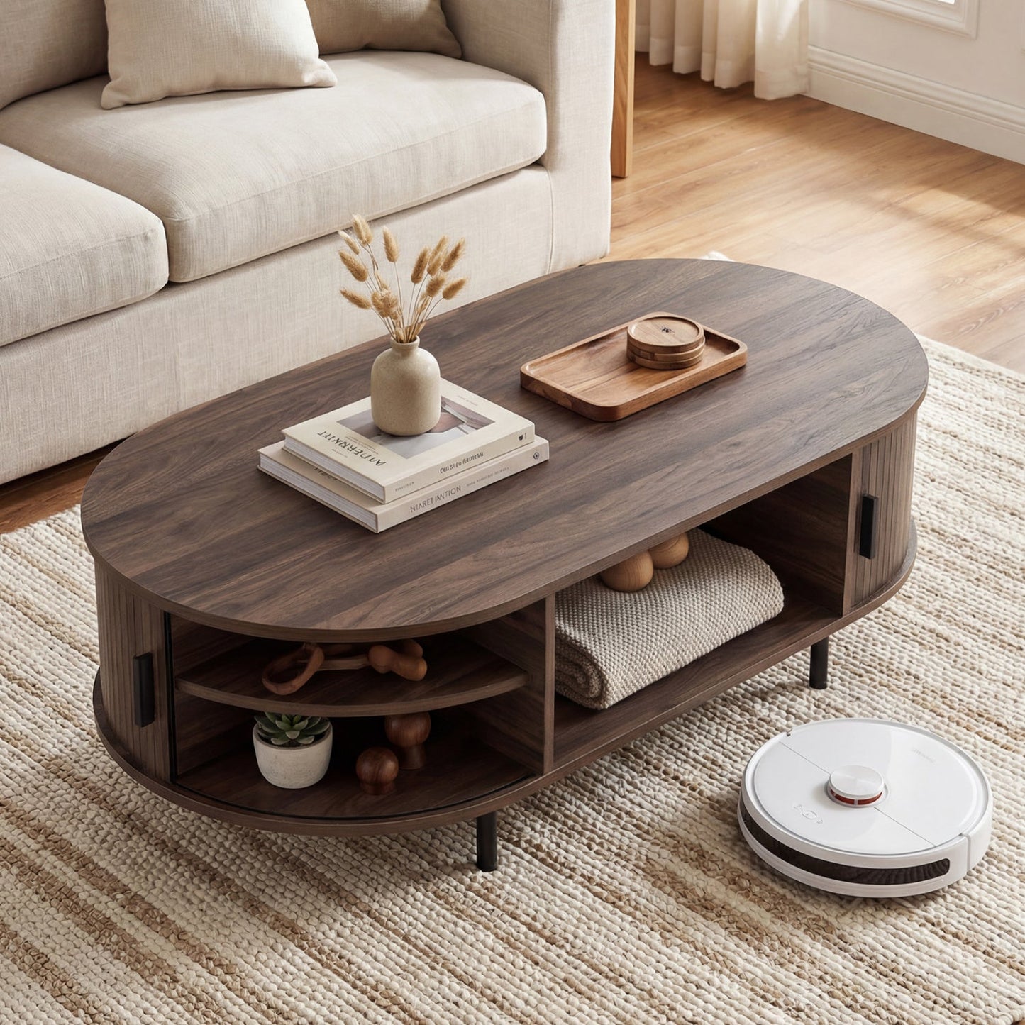 Oval Coffee Table 47.5inch Wooden Center Table with Storage
