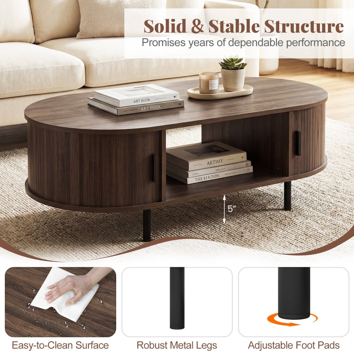 Oval Coffee Table 47.5inch Wooden Center Table with Storage