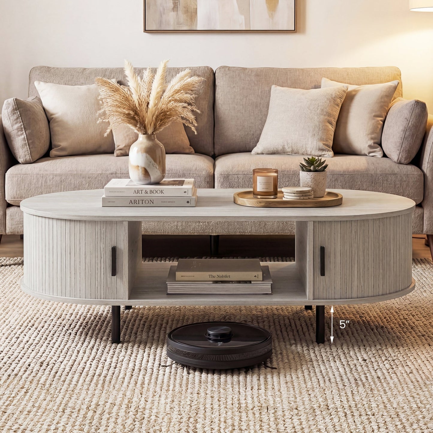 Oval Coffee Table 47.5inch Wooden Center Table with Storage