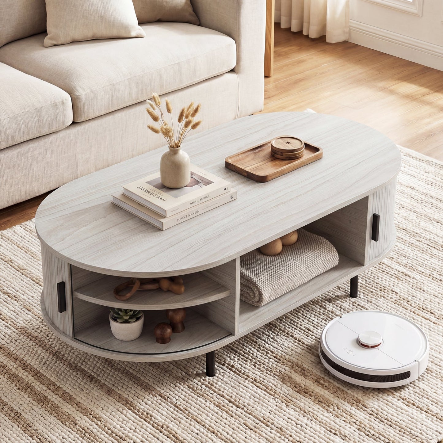Oval Coffee Table 47.5inch Wooden Center Table with Storage