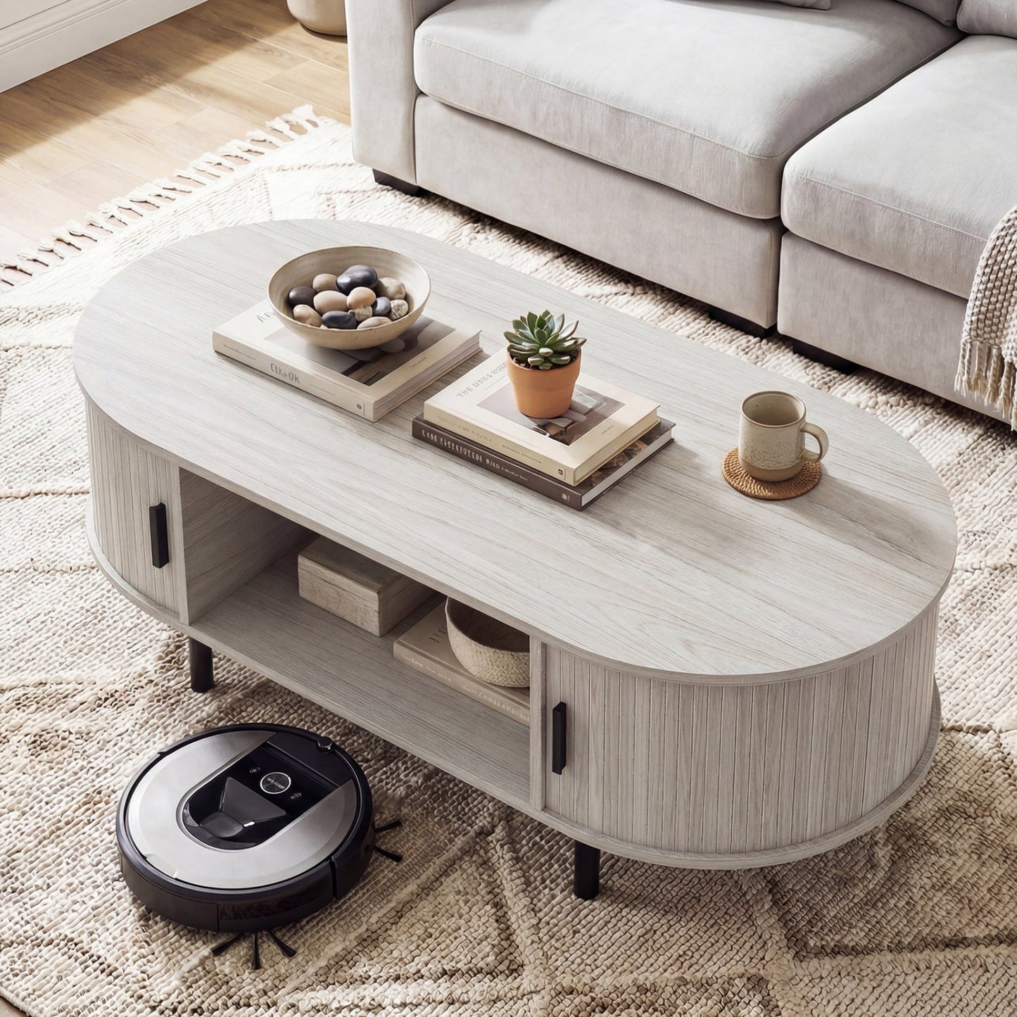 Oval Coffee Table 47.5inch Wooden Center Table with Storage
