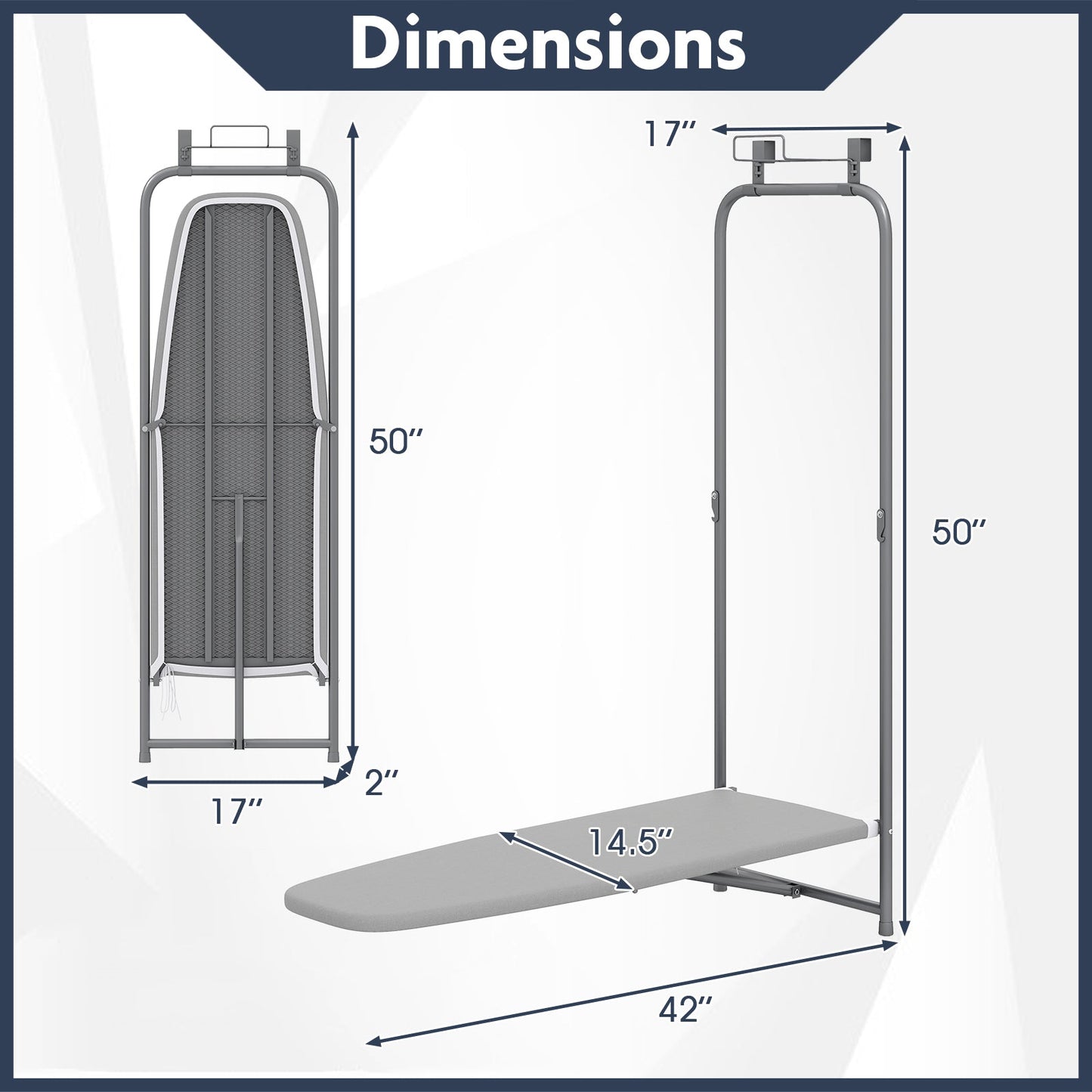 Over the Door Ironing Board Space-Saving Metal Hanging Ironing Board-Gray