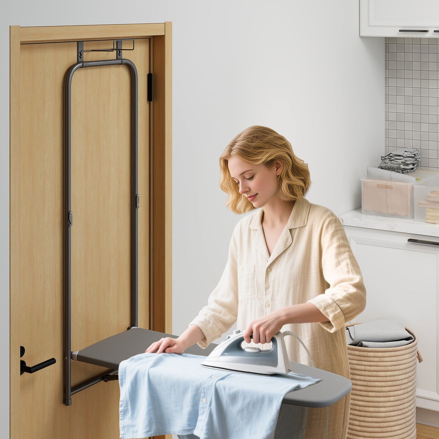 Over the Door Ironing Board Space-Saving Metal Hanging Ironing Board-Gray