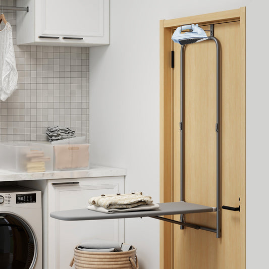 Over the Door Ironing Board Space-Saving Metal Hanging Ironing Board-Gray