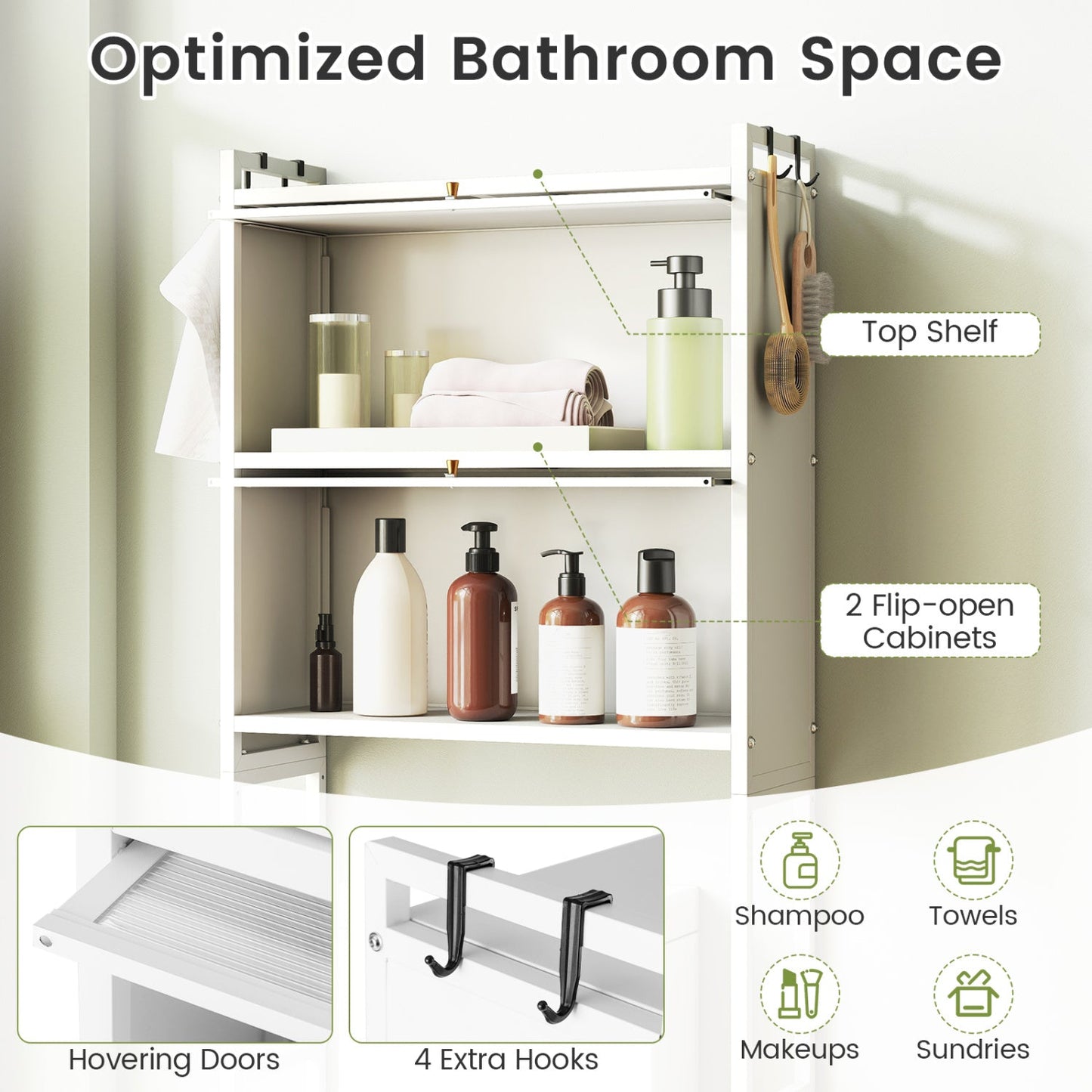 Over-the-toilet Cabinet Bathroom Organizer with 2 Flip-up Cabinets