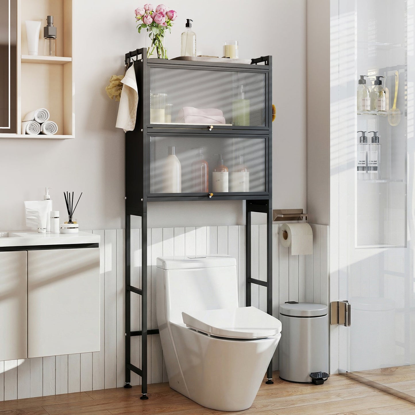 Over-the-toilet Cabinet Bathroom Organizer with 2 Flip-up Cabinets