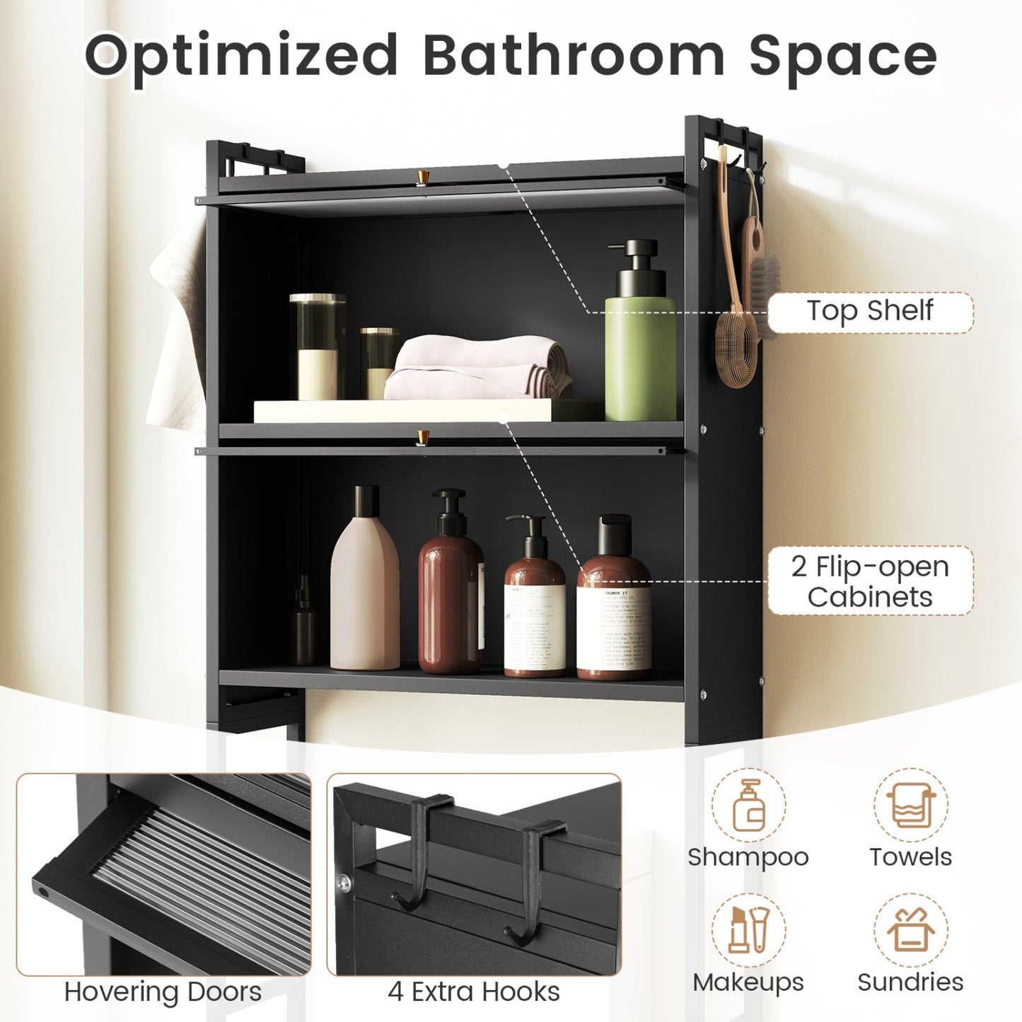 Over-the-toilet Cabinet Bathroom Organizer with 2 Flip-up Cabinets