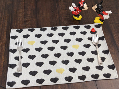 DaDa Bedding Set of 4-Pieces Valentine's day Yellow & Black Hearts Tapestry Dining Table Placemats 13” x 19” (18113)