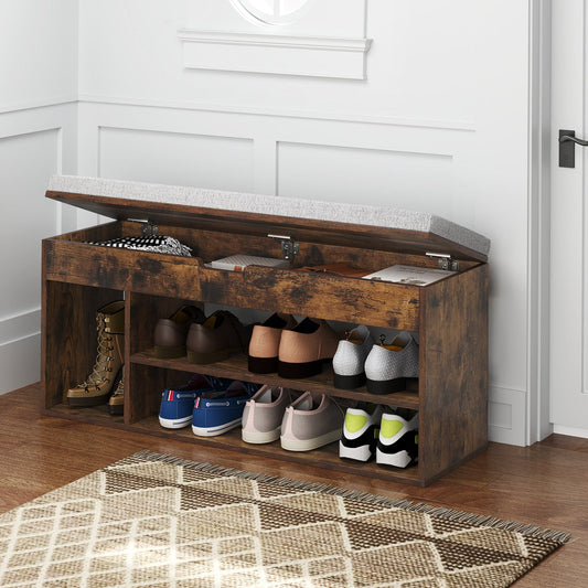 Padded Seat Shoe Bench with Hidden Storage and 3 Open Shelves