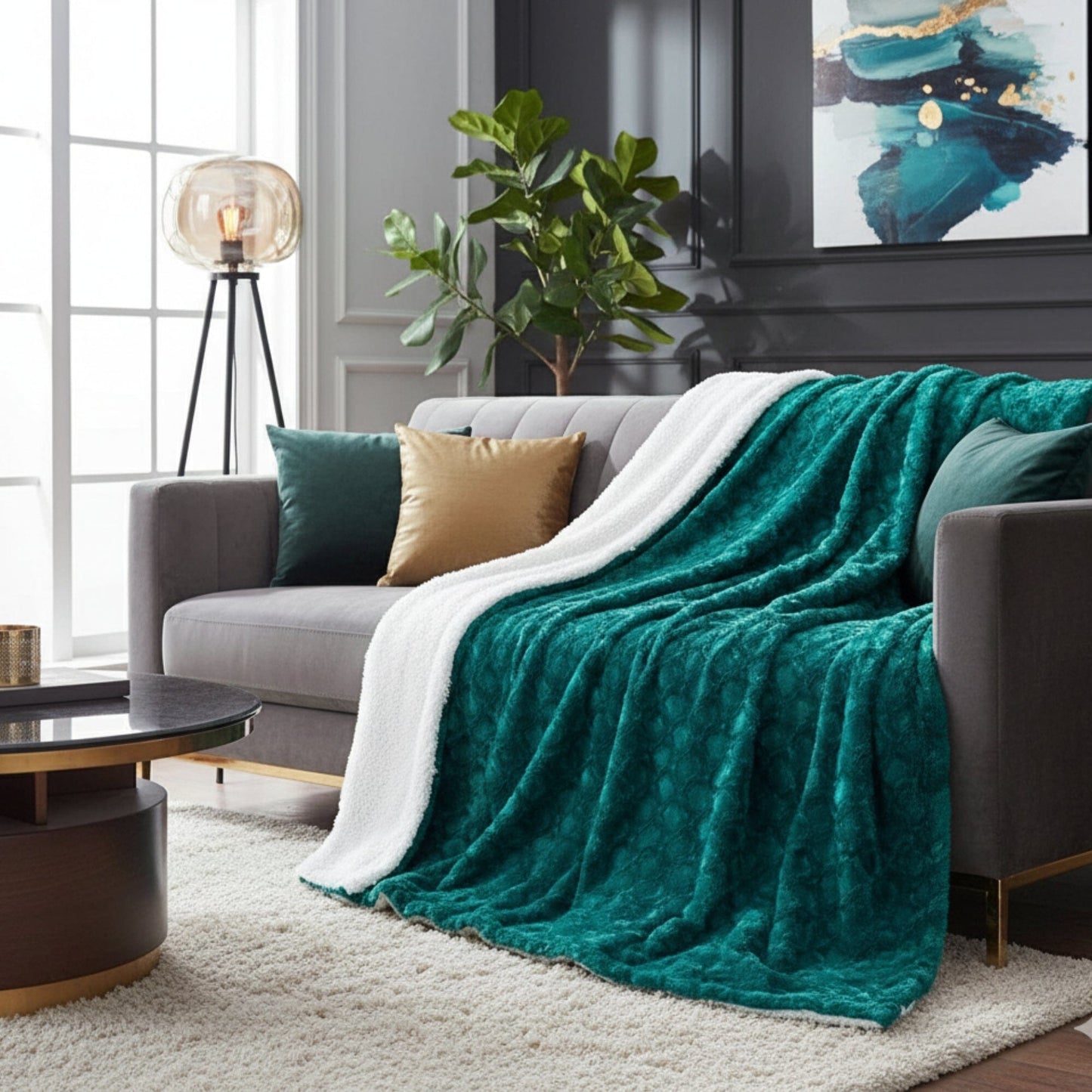 DaDa Bedding Emerald Green Blue Faux Fur Sherpa Throw Blanket