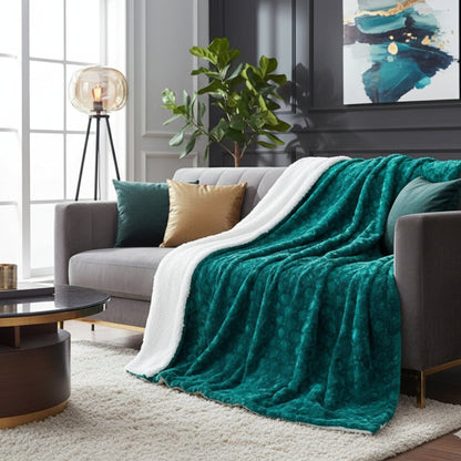 DaDa Bedding Emerald Green Blue Faux Fur Sherpa Throw Blanket