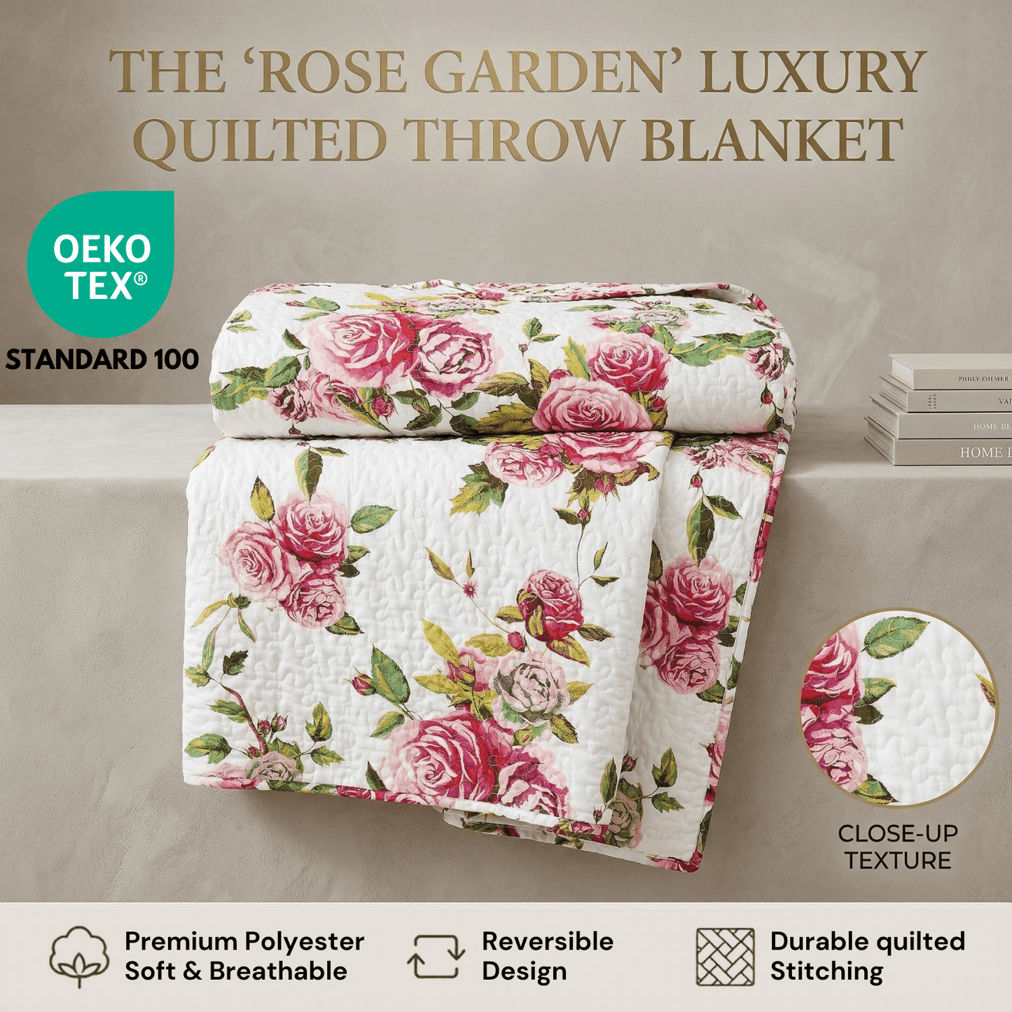 DaDa Bedding Romantic Roses Floral Throw Blanket - Lovely Spring Pink & White Scalloped Colorful Lightweight Breathable - Bright Vibrant Quilted Throw Blanket - 50 x 60