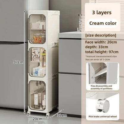 Household bathroom narrow seam storage cabinet, multifunctional foldable with wheels, dust-proof and crevice storage cabinet