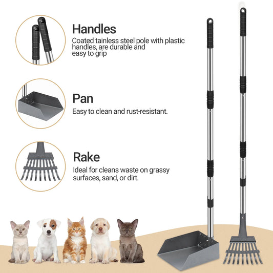 Dog Pooper Scooper and Rake Set with Stainless Handles