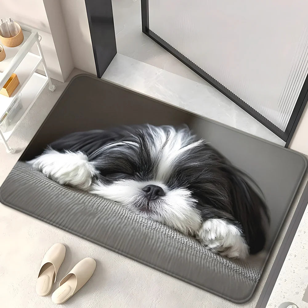 VIKAMA Cute Shih Tzu Doormat, Washable Pet Rug for Bedrooms, Living Rooms, and Entryways, Playful Design Small Dog Bed