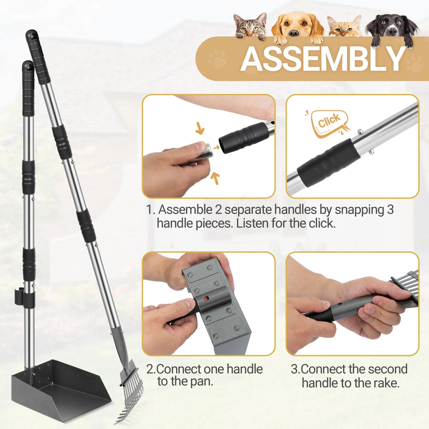 Dog Pooper Scooper and Rake Set with Stainless Handles