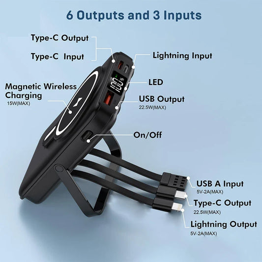 10000mAh Magnetic Wireless Portable Power Bank, 22.5W Fast Charging For All Smartphones, Mobile Power Supply With Back Clip & Foldable Stand Desktop Charger