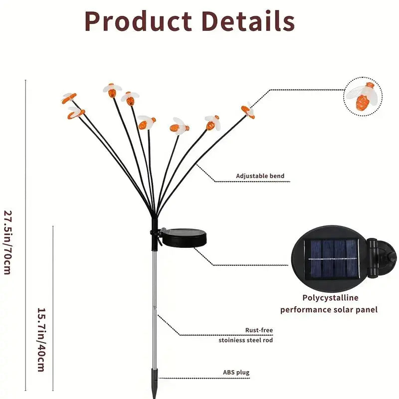 Solar 6/8-Head Bee LED Garden Light Outdoor Waterproof Decorative Lights,Landscape Lighting For Garden,Yard,Lawn,Pathway,Terrace
