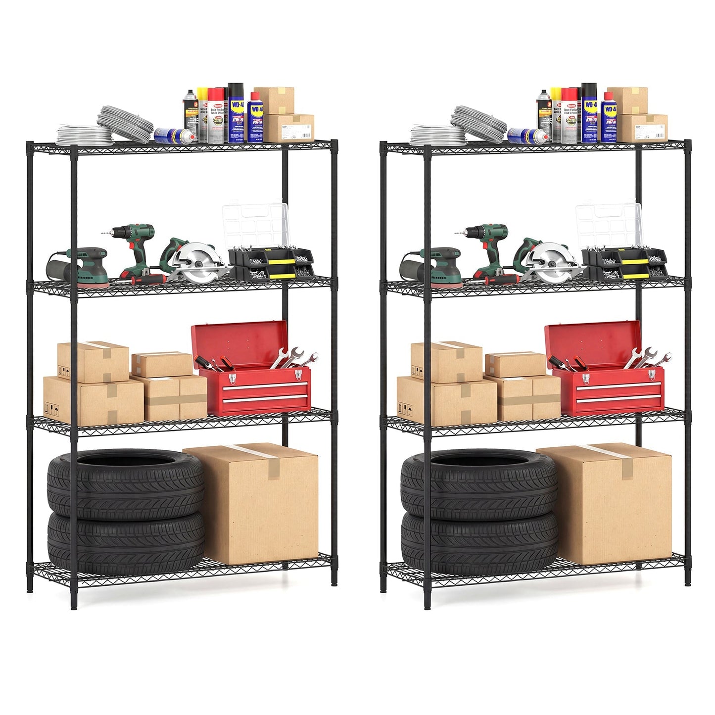 Set of 2 4-Tier Metal Storage Shelving Unit with V-Shaped Wire Rack-Black